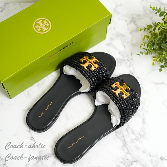 NIB Tory Burch Everly Slide Crochet Lacquered Raffia in Black Size 7/7.5 - Picture 2 of 8